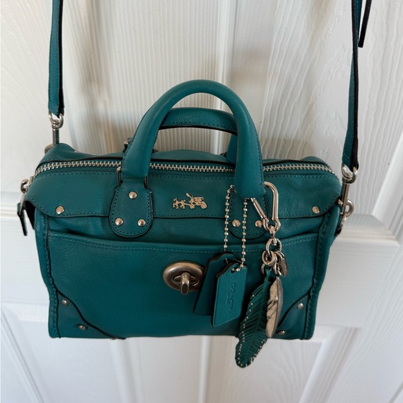 Coach Blue Rhyder 24 Leather Teal Turquoise Feather Charms Nickel Hardware - Picture 15 of 16